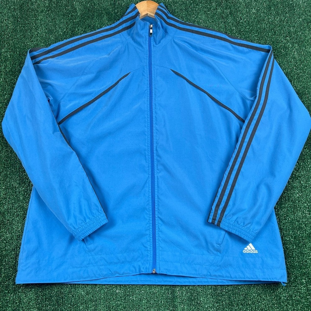 VTG Adidas Track Jacket Mens XL Blue Lightweight Windbreaker Soccer 3 Stripe Y2K